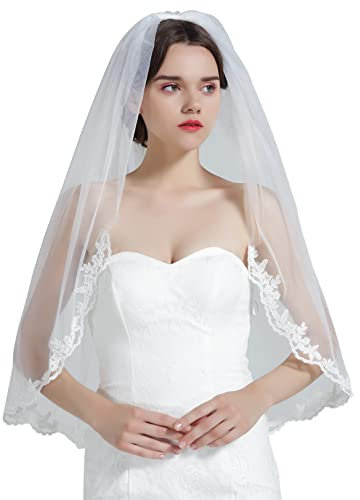 BEAUTELICATE Brautschleier Schleier Spitzenborte Für Braut Hochzeit Softtüll Weiß Ivory Lang Kurz Mit Metall Kamm 1 2 Schicht V71