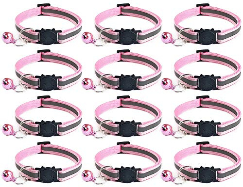 Tafeiya 12x Reflective Design Adjustable Cat Collars More Safety Quick Release Safety Buckle with Bell (Pink)