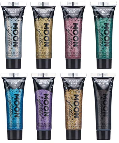 Holographic Fine Face & Body Festival Glitter Gel by Moon Glitter - 12ml - Set of 8 colours - Glitter Face Paint