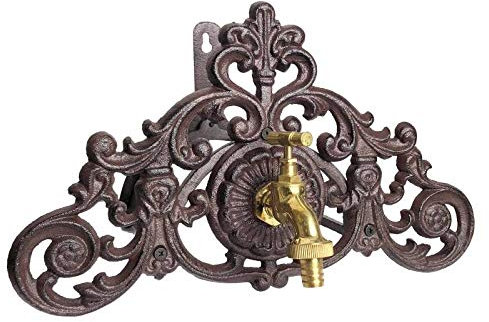 L'Héritier Du Temps Fontaine de Jardin de Charme Murale Enrouleur à Tuyaux Source en Fonte Marron Robinet Laiton Doré 22,5x24x36,5cm