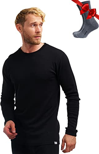 100% Merino Unterwäsche Herren - Merino Langarmshirt Herren Atmungsaktiv Und Feuchtigkeitsableitend Mittel + Wollsocken (Large, Black 250)