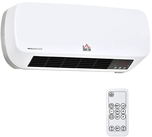 HOMCOM Stufa Elettrica da Parete con Telecomando, Temperatura Regolabile e Timer 12 Ore, Potenza 1000W/2000W, 45x18.6x11.5cm, Bianco