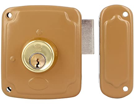 Amig - Cerradura de Sobreponer de Derecha con Palanca de Cierre y Lengüeta para Puertas de Madera Mod. 72PU / 80 x 95 mm/Pestillo Con Cilindro Redondo/Acero Dorado