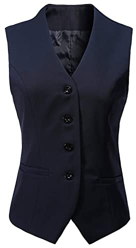 V VOCNI Women's Fully Lined 4 Button V-Neck Economy Dressy Suit Vest Waistcoat Navy X-Large