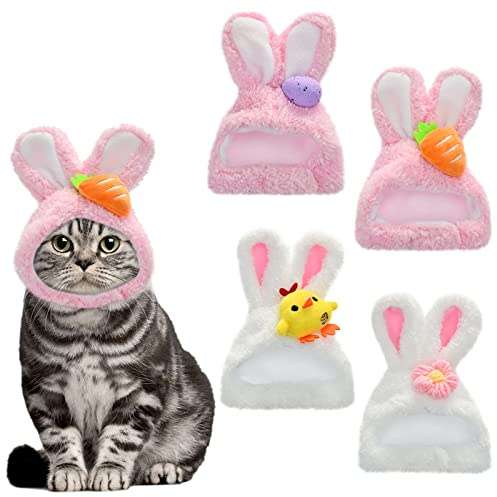 ShuRung Bunny Ear Hat for Cat & Small Dog, Soft Plush Adjustable Rabbit Themed Easter Headwear, 4PCs Set in 4 Styles