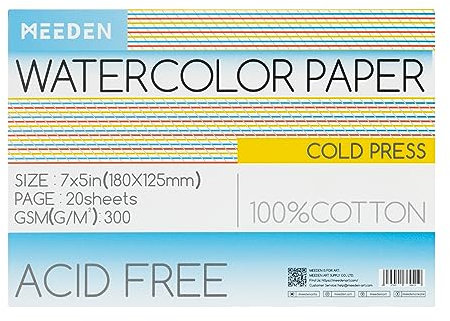 MEEDEN Aquarellpapierblock, 100% Baumwolle, Aquarellpapierblock mit 20 Blatt, 300 g/m², säurefreies Kunstpapier für Aquarell, Gouache, Tinte und mehr, 12,7 x 17,8 cm Kaltpresse