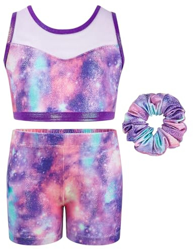 JiAmy – Justaucorps de gymnastique en deux pièces pour filles, débardeur scintillant sans manches avec shorts – Costume de ballet et de tumbling pour la danse – Pour 3 à 12 ans, violet, 8-9 ans