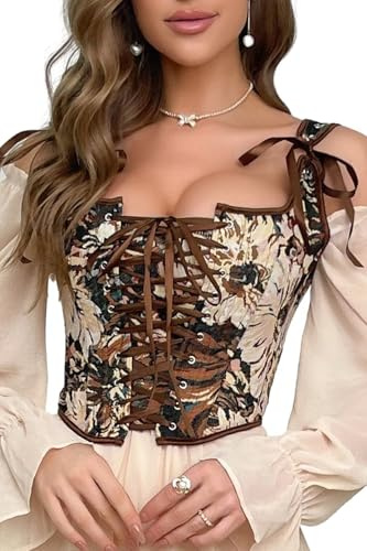 QIAIYALA Vintage Corset Tank Top for Women Floral Renaissance Brown Bustier Lace Up Boned Overbust Lingerie Bodyshaper L