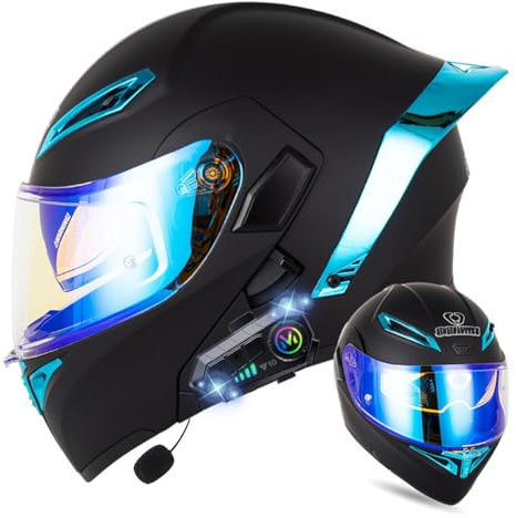 RQTEUYE Klapphelm mit Bluetooth, Bluetooth Integralhelm Motorradhelm mit Doppelvisier, ECE Zertifiziert Hohe Qualität Helm, Verschiedene farbige Linsen, für Frauen Männer（22.4-25.2in）