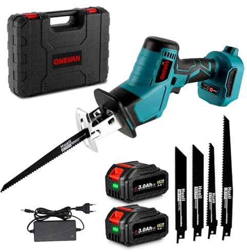 ONEVAN gattuccio a batteria, sega a gattuccio elettrico con 2 batteria da 3000 mAh e 4 lame per seghe, corsa alternativa 15mm, senza spazzole segaossa per taglio di legno e metallo