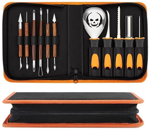 EIKEJI Pumpa snideri kit med schabloner, 11 st professionella snidningsverktyg med 10 pumpa-snideristenciler, kraftigt rostfritt stål pumpa-snideri set för halloween dekoration Jack-O-lyktor