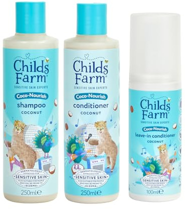 Childs Farm Kids Coco-Nourish Hair Regime Bundle |Tear Free Coconut Shampoo (250ml), Conditioner (250ml) and Leave-in Conditioner Spray (100ml) | Suitable for Dry, Curly and Coily Hair - 3 Pack