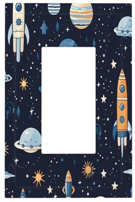 Mexpekil Cartoon Rockets Space Planets Light Switch Cover, 1 Gang Single Rocker Wall Plates, Decorative Outlet Covers Switchplate for Home Office