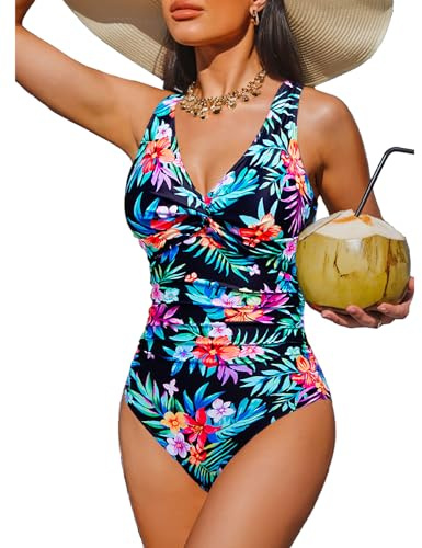 Holipick Multi Floral Women Tummy Control One Piece Swimsuit - Push Up Bathing Suit Full Coverage Slimming Swimwear M