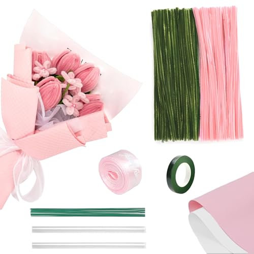 Pipe Cleaners for Craft Flowers, 200 Pcs Pipe Cleaners for Tulip Bouquet, Fuzzy Sticks Chenille Stems Pipecleaners for Craft Supplies for DIY Tulip Flower Bulk Kit (Pink)