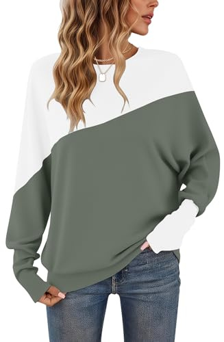 WNEEDU T-Shirt à Manches Longues pour Femme col Rond Patchwork de Couleurs Pull à Poignets serrés Vert Olive L