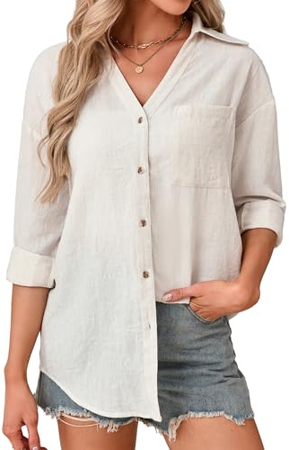 Enmain Beige Shirt Womens Long Sleeve V-Neck Ladies Linen Shirts Button Down Summer Blouses for Women UK Breathable Lightweight Relaxed Fit Cotton Linen Top for Business Casual Weekend Home M
