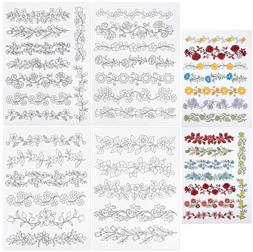 TIESOME Lot de 4 feuilles de broderie solubles dans l'eau - Modèle de broderie autocollant - Non tissé - Soluble dans l'eau - Pour les amateurs de couture à la main