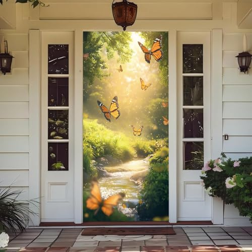 Treer Decorazione per Porta Ingresso con Elastico, Copertura per Porta Decorazione Elastica Esterna Interna Striscione da Appendere Coperto per Casa Festa, Tutto L'Anno (Farfalle,90x210cm)