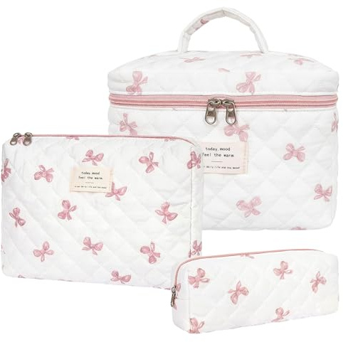 3PCS Coquette Makeup Bag, Bow Makeup Bag, Organizer Large Travel Makeup Bags, Quilted Makeup Bag for Women, Bows Floral Toiletry Skincare Pouch for Women Travel (Pink A)