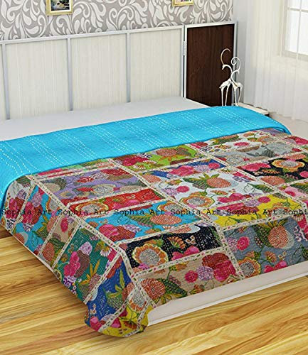 Colcha india Kantha Queen manta de patchwork floral de estilo bohemio, hecha a mano, tamaño Queen Patch Kantha, colcha de cama (Multi 1)