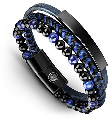 Casisto.J Bracelet Homme - Bracelet Cuir Homme Manchette tressé à la Main Classique Noir et Brun avec Fermoir magnétique gravé Cadeau Bijoux Gratuit en boîte