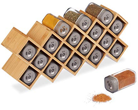 Relaxdays 10025951 Etagère 18 saupoudreuses, Bambou, Verre, Organiseur Cuisine à épices, HLP 18x44x9,5 cm, Naturel, Transparent