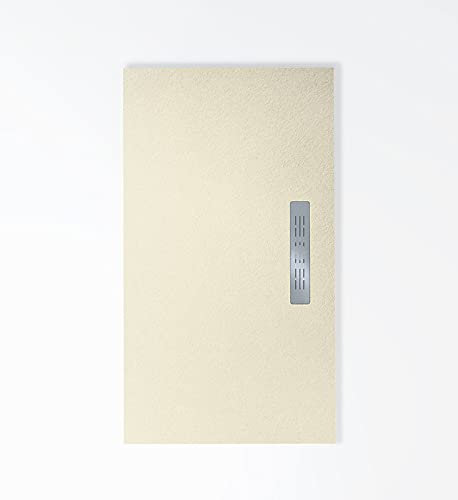 Plato de ducha de resina de diseño exclusivo desagüe lateral Color MARFIL. textura pizarra antideslizante C-3 GEL-COAT.ULTRA-PLANO (2cm). incluye válvula y rejilla en INOX. 5 años de garantía.