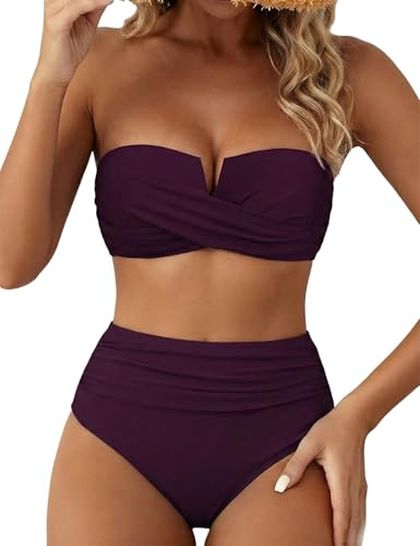 Hilor Bandeau Bikini Bathing Suits with Halter Straps High Waisted Tummy Control Swimwear V-Wired Push Up Swimsuits Deep Merlot 10