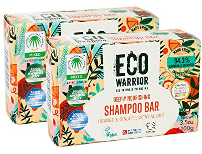 Eco Warrior Deeply Nourishing Shampoo Bar Duo Pack 100gx2 | Vegan, Cruelty Free, Natural, No SLS or Parabens| Cleansing & Hydrating Pink Clay, Pure Orange & Ginger Essential Oil