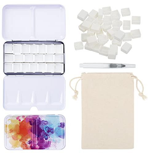 PEVART 53-teiliges Set: 1x Leere Aquarelldose Malkasten Aquarellkasten Metallbox leer Mal-Paletten, 50x Leere Aquarell Pfännchen Wannen Näpchen für Aquarellfarben, 1x Wasser-Pinsel, 1x Beutel