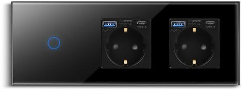 CNBINGO Touch Lichtschalter und Doppelsteckdose mit USB Schnellladen (Typ C+A unterstützung 20W Schnellladen) - USB Schuko Steckdose unterputz - Glas Wandschalter einfach mit Status-LED - Schwarz