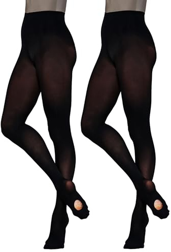 2 pares de medias convertibles de ballet de baile | Paquete múltiple de 60 denier | para niñas, niños, adultos, mujeres, en rosa, blanco, negro, bronceado y bronceado claro, Negro, M