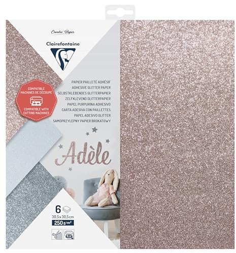 Clairefontaine 95735C - set med 6 ark glitterpapper för att skära ut 250 g/m² - 30,5 x 30,5 cm - rosa, vitt och silver blandade färger - kreativ fritid - kompetenta skärmaskiner