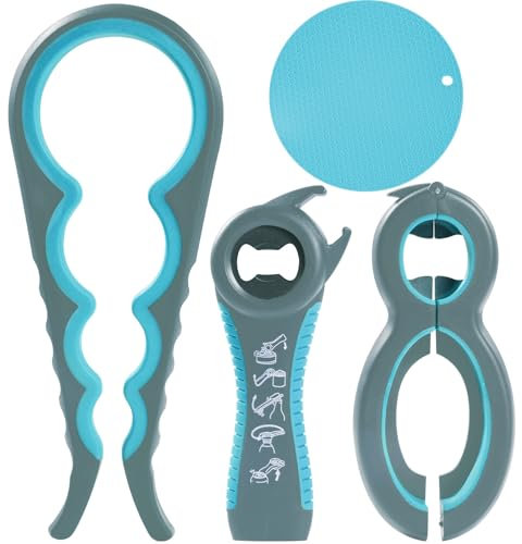 Jar Opener Gripper - 4 Pack Rubber Jar Opener for Weak Hands 6-in-1 5-in-1 Jar Bottle Openers for Seniors with Arthritis, 4-in-1 Jar Openers + Non Slip Lids Opener Gripper Pad (Blue)