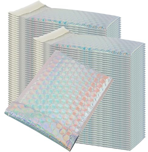 HOIGON 50 PCS 5 x 6 Inch Silver Metallic Bubble Mailers, 13x15cm Foil Glitter Poly Padded Mailing Cushion Envelopes, Rectangular Holographic Self Seal Adhesive Shipping Bags for Mailing, Packing