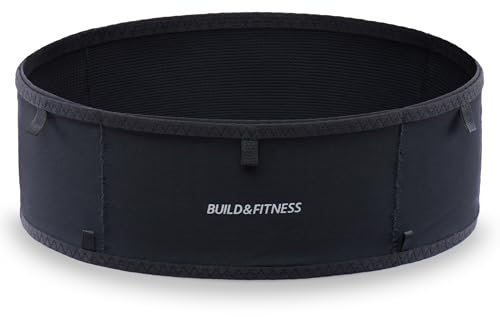 Build & Fitness LiteBelt Laufgürtel – 4 schnell zugängliche Taschen von Oben – super leicht, schlank, Flip-Hüfttasche, Lauf-Handyhalter – passend für alle Größen Handys, Schlüssel, Karten, Earpods, M
