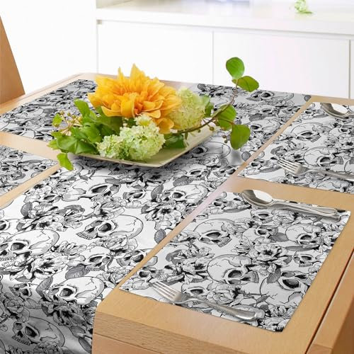 ABAKUHAUS Feier Tischläufer & 4 Stück Tischsets, Sketch Toten Schädel, Set für die Tischdekoration, 40 cm x 180 cm, Schwarz weiß