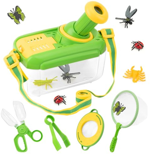 Funsland Kit Explorador Niños, 5 Piezas Juego de Caza de Insectos, Lupa, con 12 Insectos Falsos, Aire Libre Aventura Juguetes, Juguetes Educativos Navideños Regalos para Niños y Niñas 3 4 5 6 Años