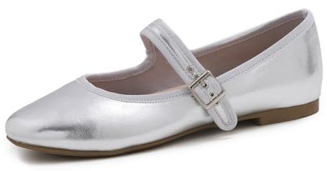 Feversole Mary Jane halvskor, platta fritidsdansskor, Silver vegansk lädermary Jane med kanvasfoder, 36 EU