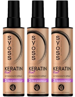 SYOSS Keratin Heat Hitzeschutz Spray (3x 200 ml), Hitzespray bietet Hitzeschutz bis zu 230 °C, mit Frizz-Kontrolle für langanhaltend glatte, lockige oder wellige Styles