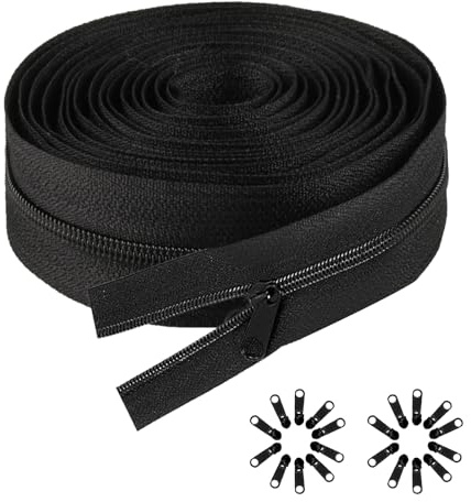 Black Zips for Sewing, 10 Meter/10.9 Yards Black Metal Coil Zipper by The Yards, Heavy Duty Long Replacement Endless Sewing Zippers for Repair DIY Cushions Bags, with 20 Pcs Pulls Sliders