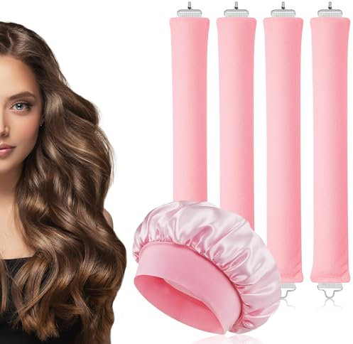 AOOWU Bigodino Lungo per Boccoli, 4 Pezzi Bigodini Senza Calore con Cuffia di Seta, Bigodini Morbidi per Dormire, Ferro Arricciacapelli Senza Calore, Velluto Fascia Morbida per Tutti Tipi Capelli