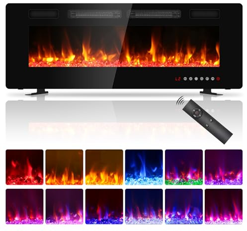 50 inch Ultra Thin Electric Fireplace, Freestanding, Recessed or Wall Mounted, 1500W Energy Efficient Heater with Realistic 3D Crystal Flame Effect, Remote Control & Touch Panel, 750W/1500W,UKCA/CE