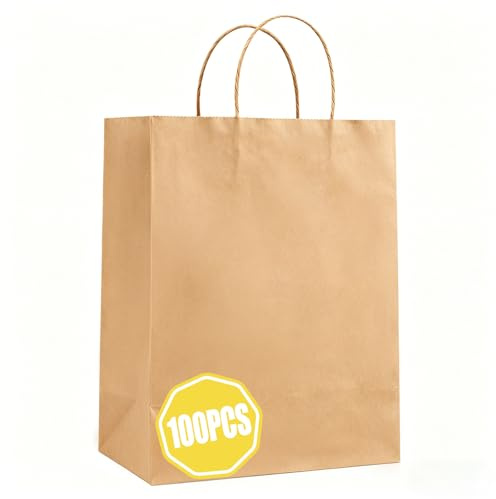 100Pcs Bolsas Papel Kraft Gruesas con Asas de Cuerda, 15x8x21cm, Bolsas de Regalo para Fiestas, Cumpleaños, Navidad y Compras