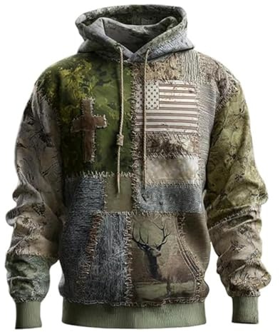 Roobeety Sweat à capuche de chasse pour homme au design patchwork de camouflage - Sweat à capuche avec motif cerf et croix - Sweat d'extérieur pour les chasseurs et les amoureux de la nature, Style