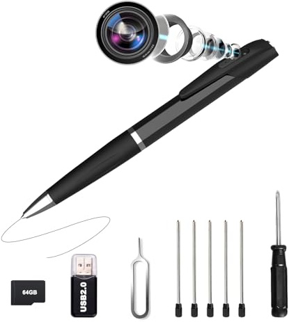Camera Espion, Mini Camera Espion sans Fil avec Carte Mémoire de 64 Go, 1080P HD Caméra Cachée Stylo, Enregistrement Vidéo Prise de Photo, Loop Storage, Stylo Espion pour Intérieur/Extérieur(Noir)
