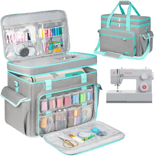 Large Sewing Machine Case with Removable Hard Bottom Pad,2 Layer Sewing Machine Carrying Bag Universal Tote Bag Fit for Most Standard Size Singer,Brother,Janome and Sewing Accessories,Grey/Green