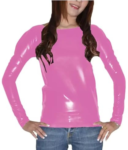 KYXSPINWARDPV Plus Size långärmad PVC läder T-shirts för kvinnor vardaglig stretchig bodycon toppar anpassningsbar, Rosa, 5XL