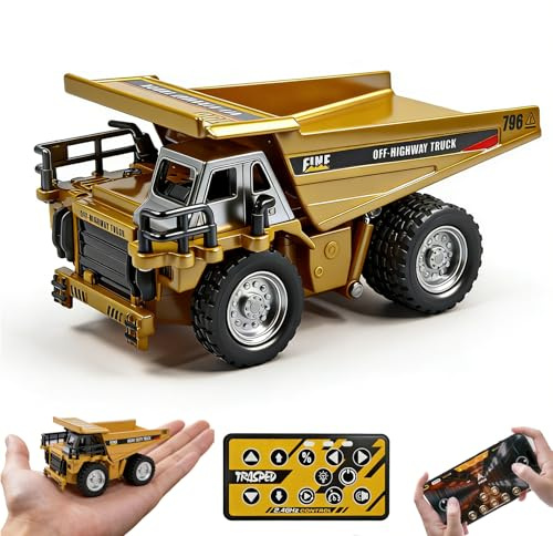 PLIXYRCPL 1:64 Mini RC Dump Truck Toy, Alloy Metal Construction Vehicle with App & Remote Dual Control, Variable Speed, LED Lights & Sound, RC Engineering Car Gift for Kids & Adults